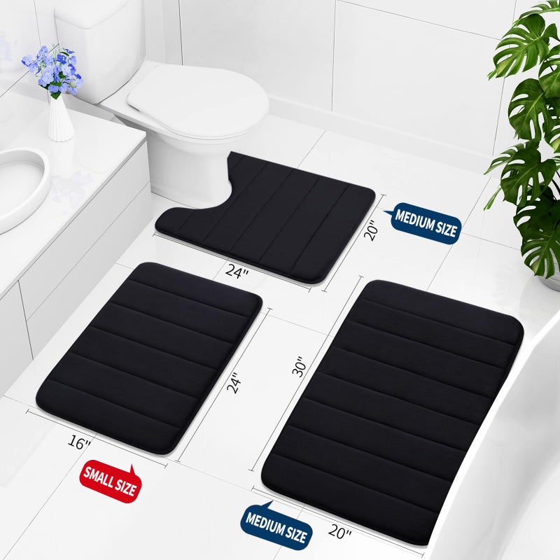 Buganda Memory Foam 3 Pieces Bathroom Rugs Set - Thick Soft Absorbent Non-Slip Bath Mats, Washable Small/Large/Contour Bath Rugs (24" x 16" + 30" x 20" + 24" x 20", Black) - Image 2